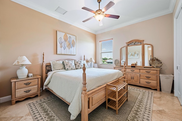 bedroom featuring ornamental molding, visible vents, ceiling fan, and baseboards