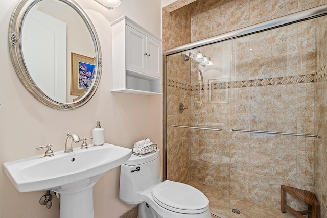 bathroom featuring a sink, a shower stall, and toilet