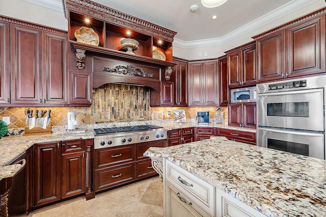 kitchen with appliances with stainless steel finishes, light stone counters, crown molding, open shelves, and backsplash