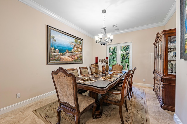 dining area with visible vents, crown molding, a notable chandelier, and baseboards