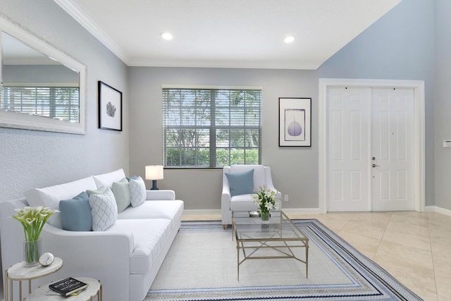 tiled living room featuring ornamental molding