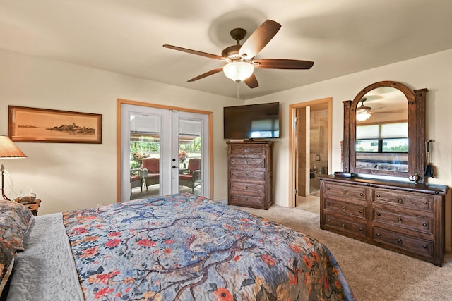 carpeted bedroom featuring ceiling fan, access to exterior, french doors, and multiple windows