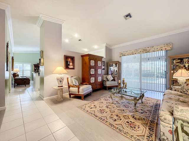 tiled living room with crown molding