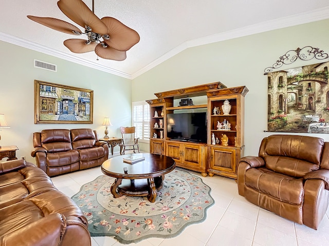 tiled living room featuring vaulted ceiling, ceiling fan, and crown molding