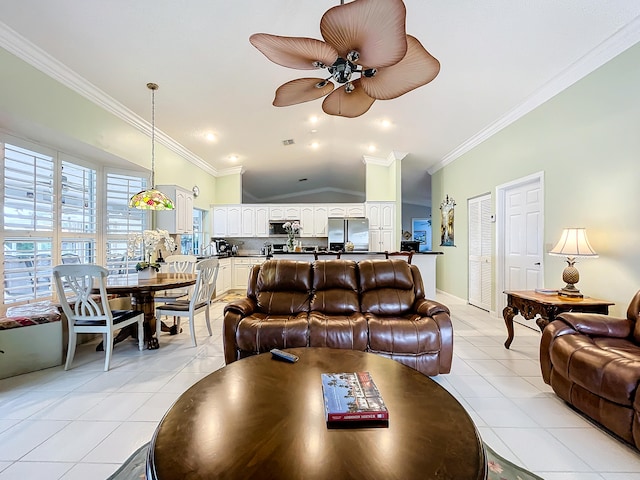 living room featuring light tile patterned floors, vaulted ceiling, ornamental molding, and ceiling fan