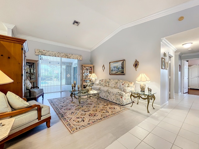 tiled living room with vaulted ceiling and ornamental molding