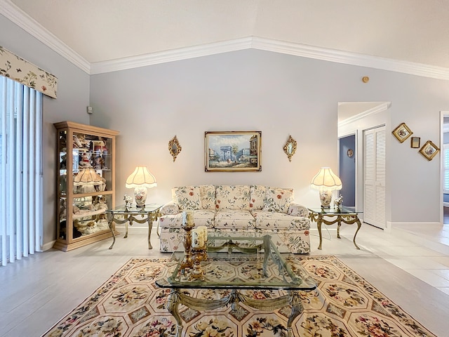 living room featuring vaulted ceiling, crown molding, and light tile patterned floors