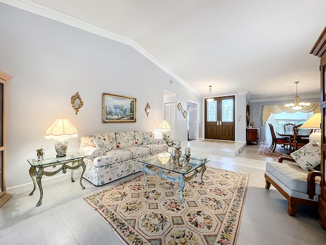 tiled living room with a notable chandelier, crown molding, and lofted ceiling