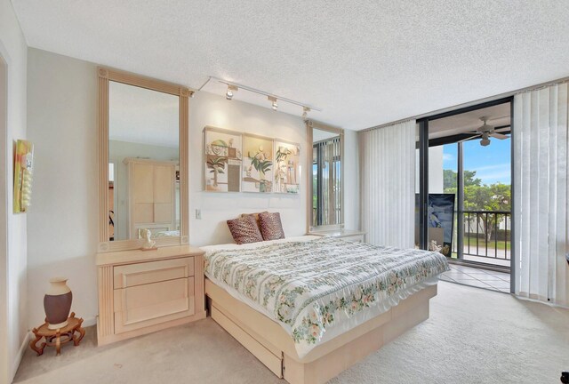 carpeted bedroom with a textured ceiling, rail lighting, and access to exterior