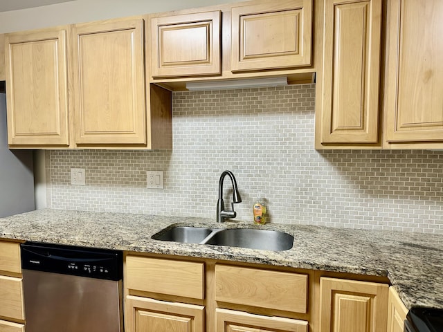 kitchen featuring dishwasher, sink, light stone counters, and decorative backsplash