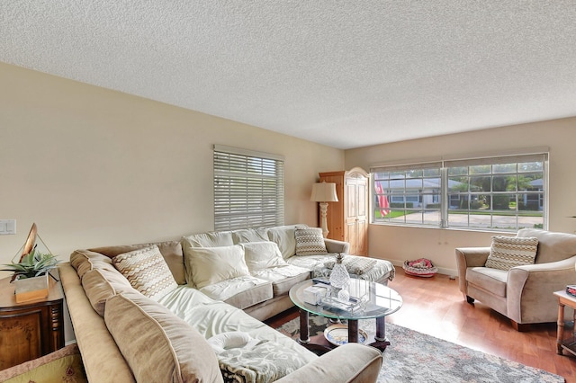 living room featuring hardwood / wood-style flooring, plenty of natural light, and a textured ceiling