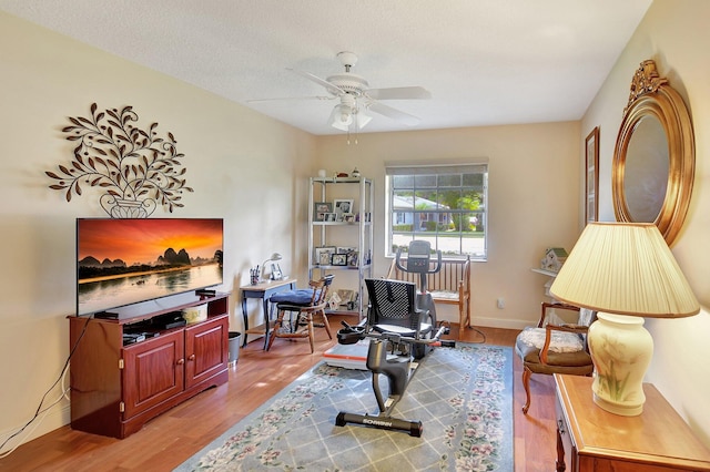 living area with wood-type flooring and ceiling fan