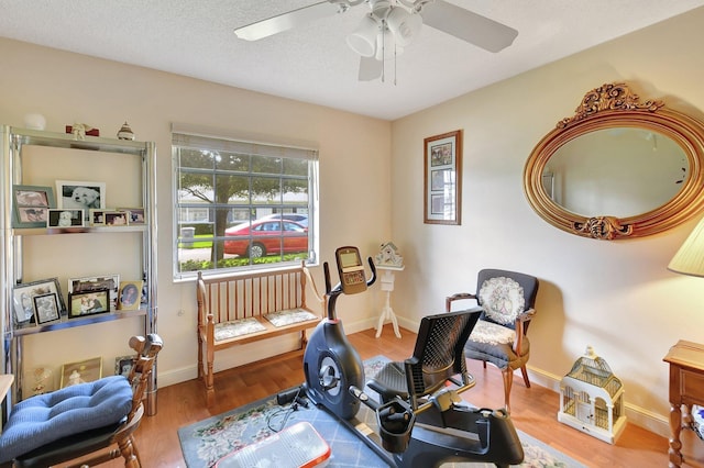 sitting room with ceiling fan, light hardwood / wood-style flooring, and a textured ceiling