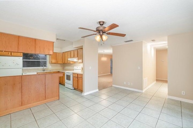 kitchen with ceiling fan, sink, light tile patterned flooring, and white range with electric cooktop