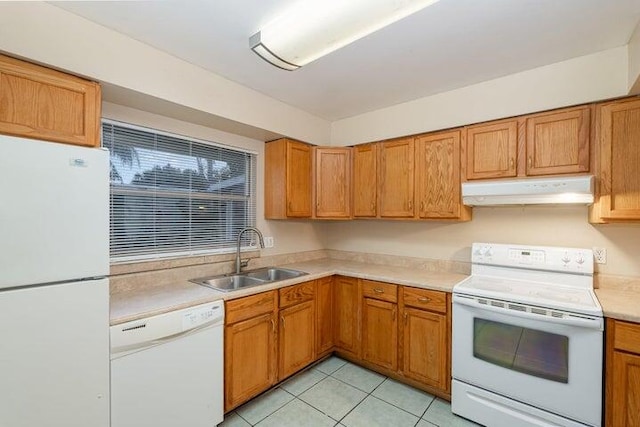 kitchen with sink, white appliances, and light tile patterned floors