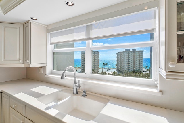 bathroom featuring sink and a water view