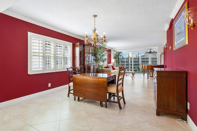 dining space with ceiling fan with notable chandelier, ornamental molding, and a textured ceiling