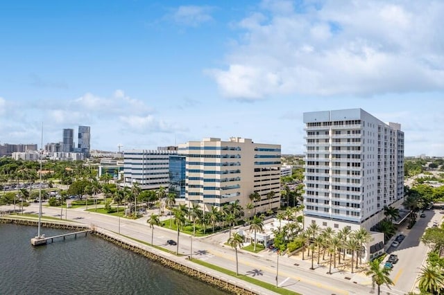 drone / aerial view featuring a water view