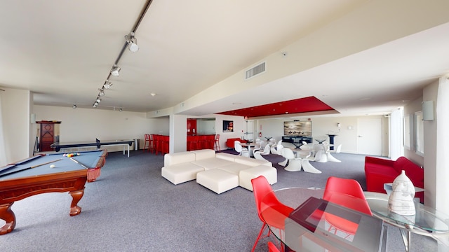 recreation room featuring billiards, rail lighting, and carpet