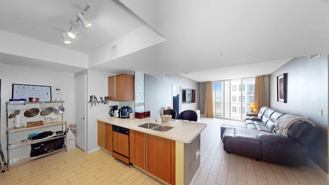 kitchen with track lighting, kitchen peninsula, dishwashing machine, and sink