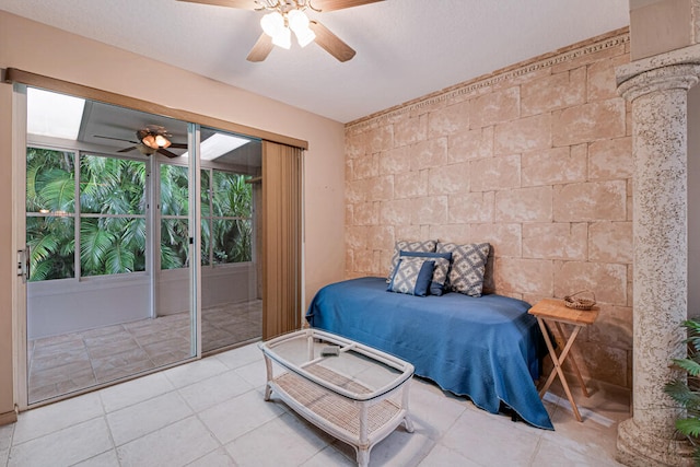 bedroom featuring light tile patterned floors and ceiling fan