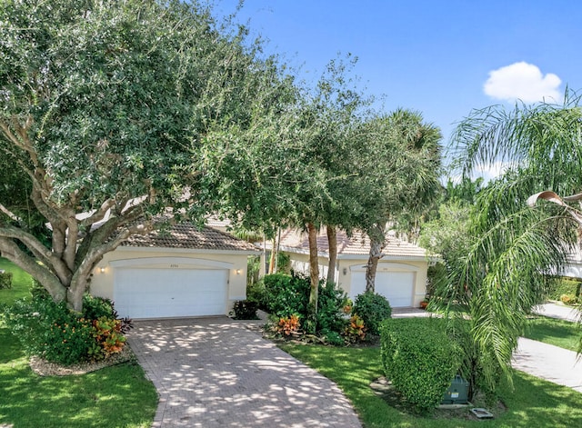 view of property hidden behind natural elements with a front yard and a garage