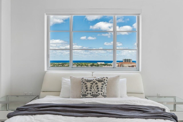 bedroom featuring multiple windows and a water view