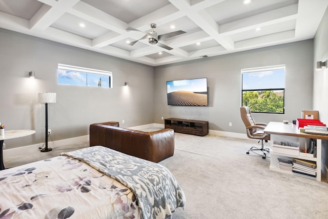 bedroom with multiple windows, ceiling fan, light colored carpet, and coffered ceiling