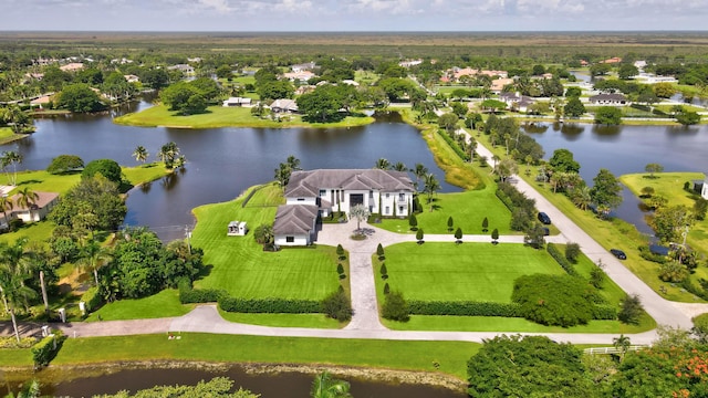 aerial view featuring a water view