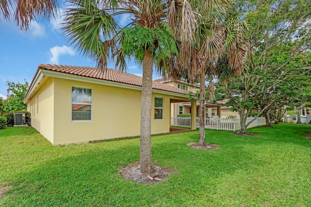 2609 SW Gallery Cir, Palm City, FL 34990 - view of side of home featuring central air condition unit, stucco siding, and a tiled roof