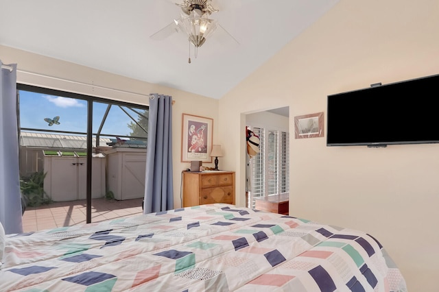 bedroom with vaulted ceiling, ceiling fan, access to exterior, and light tile patterned flooring