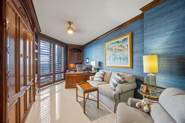 tiled living room with ornamental molding and ceiling fan