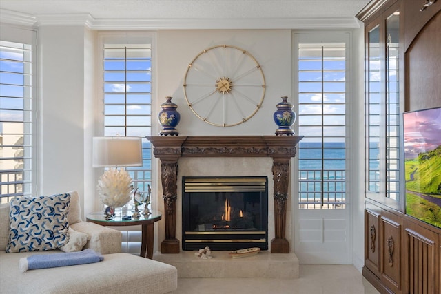 living room with crown molding and a fireplace