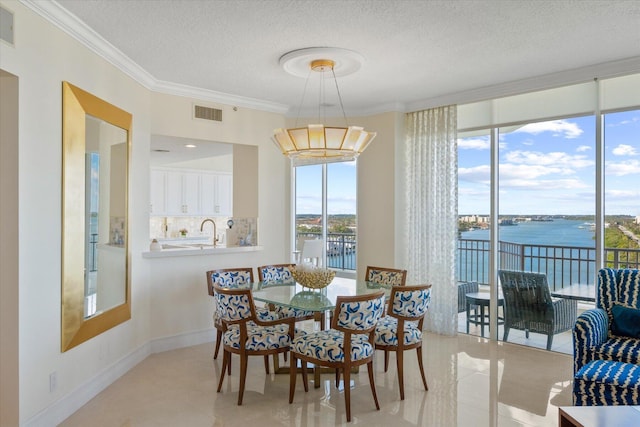 dining space with crown molding, a water view, sink, and a textured ceiling