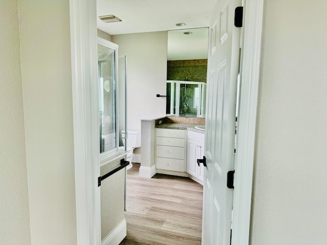 bathroom with toilet, vanity, and wood-type flooring