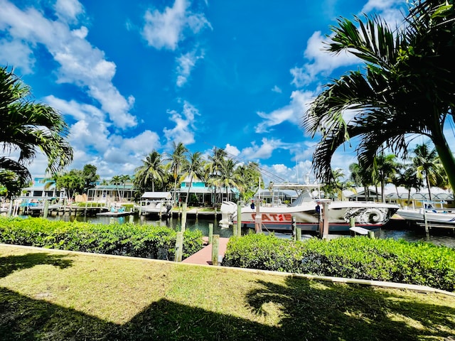 dock area featuring a water view and a yard