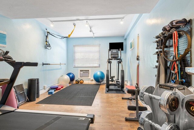 exercise area with light hardwood / wood-style floors and rail lighting