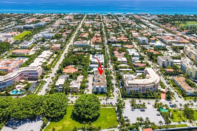 drone / aerial view with a water view