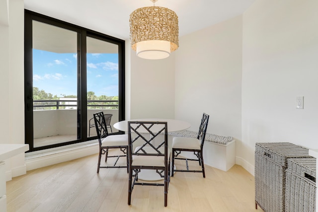 dining room featuring expansive windows and light hardwood / wood-style floors