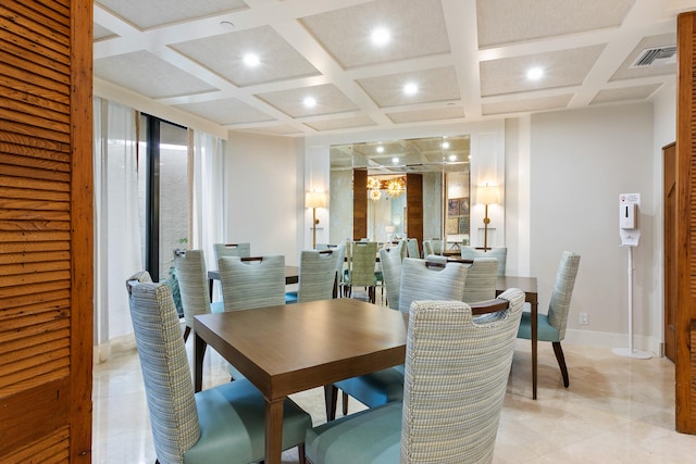 dining room featuring coffered ceiling, a notable chandelier, light tile patterned floors, and beamed ceiling