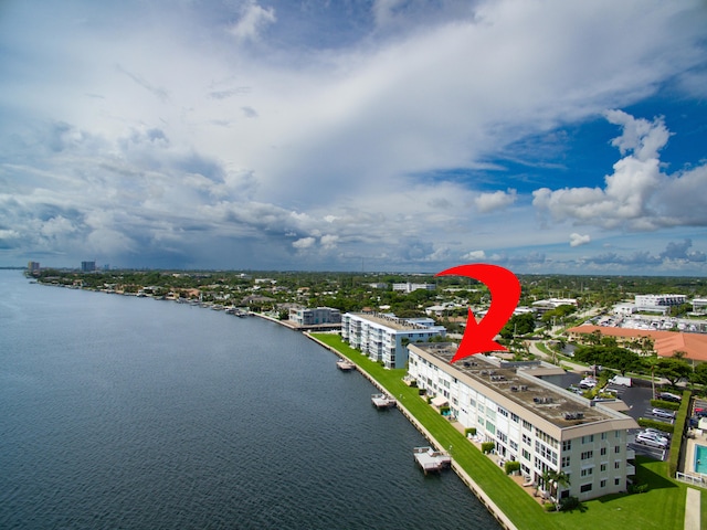 aerial view featuring a water view