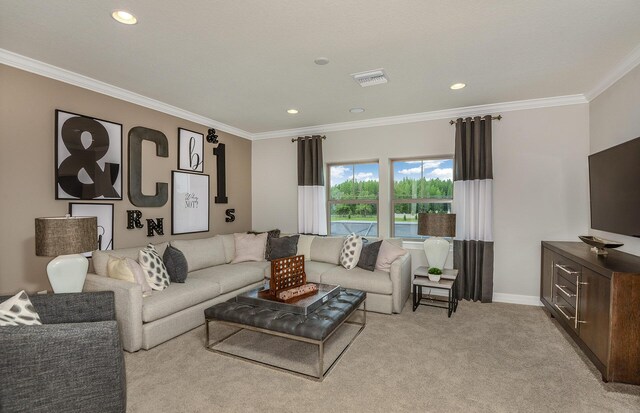 bedroom featuring light carpet and crown molding