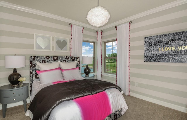 bedroom with carpet flooring, crown molding, a notable chandelier, and baseboards