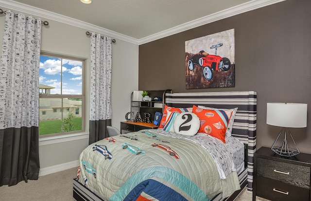 bedroom featuring ornamental molding, light colored carpet, and baseboards