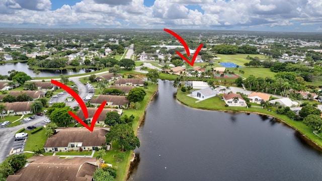 aerial view featuring a water view