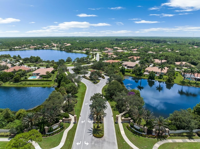 drone / aerial view with a water view