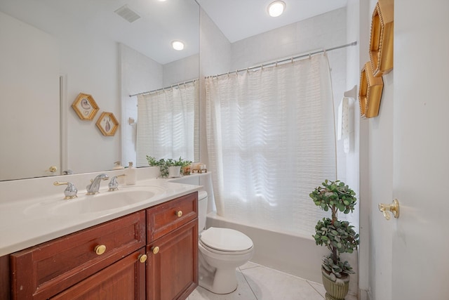 full bathroom with vanity, toilet, tile patterned flooring, and shower / tub combo with curtain