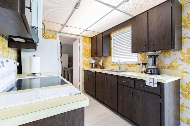 kitchen with light wood-type flooring, stove, dark brown cabinets, and sink