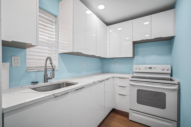 kitchen featuring light stone countertops, dark wood-type flooring, sink, white cabinetry, and white electric stove