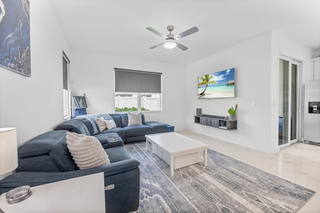 living room featuring ceiling fan